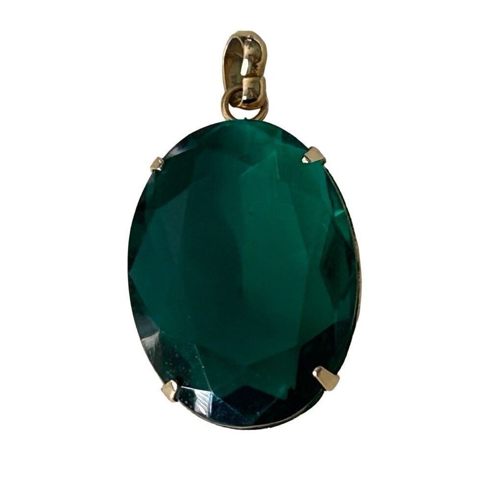 Vintage Glass Faceted Pendant Large Emerald Colored Oval Gold-tone Prong Set